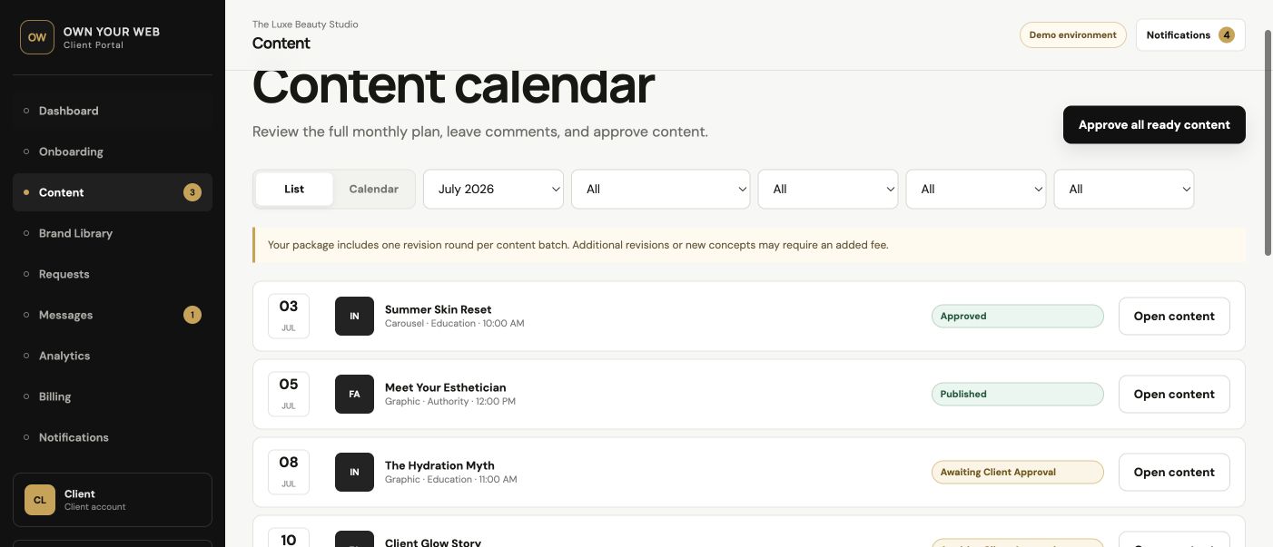 Monthly content calendar with approval and revision statuses
